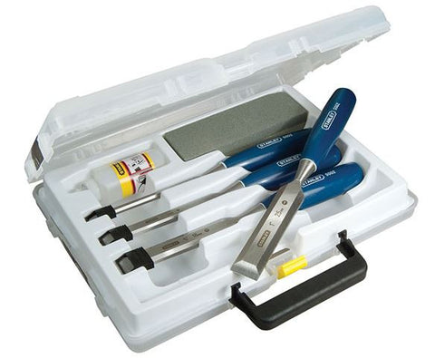 STANLEY 4 PIECE BEVEL EDGE CHISEL SET WITH STONE AND OIL