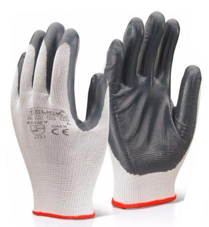 NITRILE PALM COATED POLYESTER GLOVES WHITE/GREY (PK 10 PAIRS)